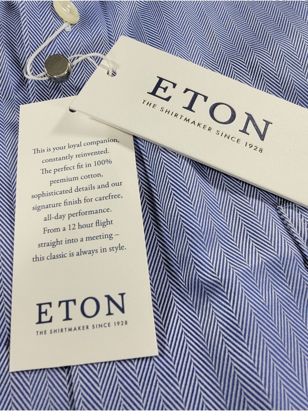 NEW Men's ETON Shirt Blue Herringbone Shirt Classic Fit 44 17.5 Button Front NWT - Picture 3 of 14
